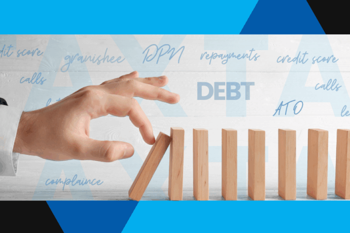 Hand poised to tip dominoes line over. Decorative text with tax debt, anxiety, DPNs - showing stressors