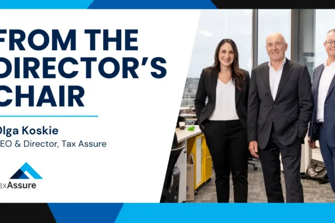 Decorative text 'From the Director's Chair' Tax Assure Directors group shot in office